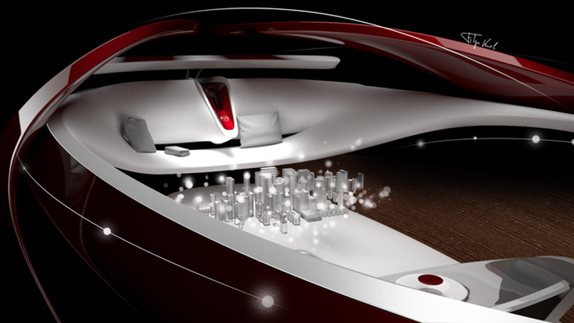 Wnętrze futurystycznego samochodu. Linie pojazdu są obłe, kanapy zaprojektowane z białego materiału, całość wygląda elegancko i luksusowo