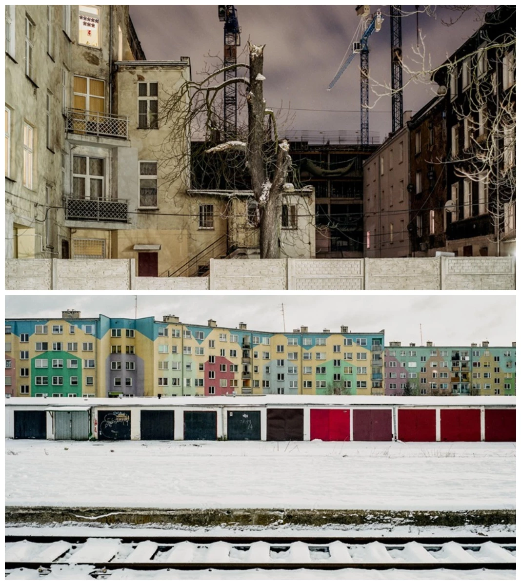 Photo collage. At the top: A photo of old tenements, with a withered, broken tree and construction cranes in the background; at the bottom: a photo of snow-covered railway tracks. In the background are garages with colorful doors, and behind them blocks of flats in equally bright colors.