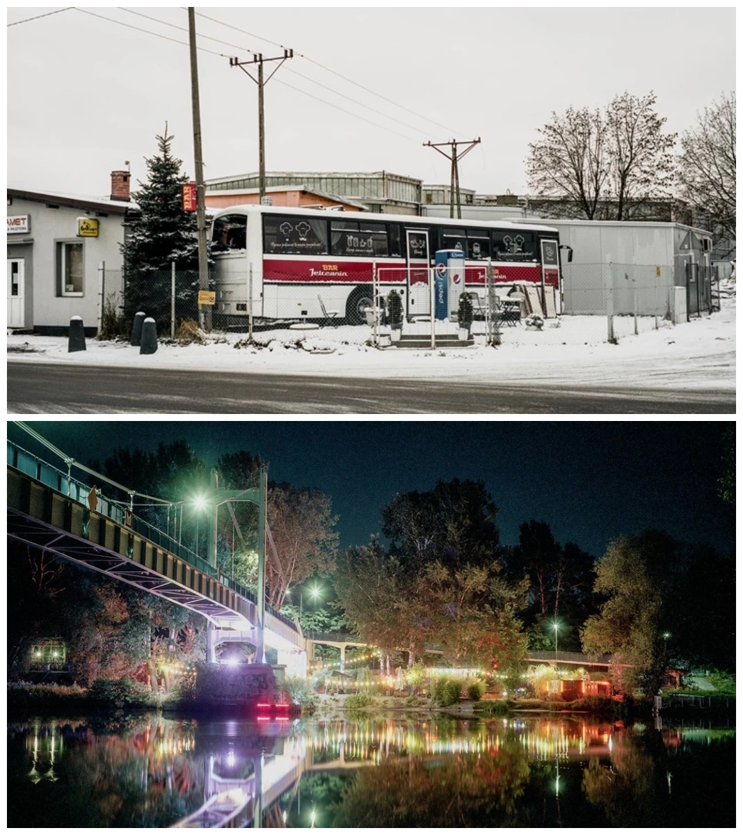 Kolaż zdjęć. Na górze: Stary przystanek autobusowy, widać stojący w pobliżu autokar, na dole: Podświetlony licznymi światełkami most we Wrocławiu