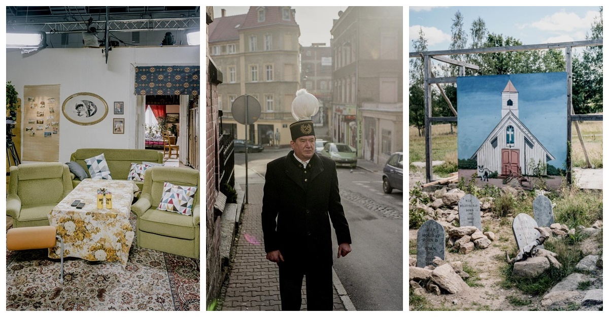 Photo collage. From left to right: A photograph of the living room from the set of the iconic Polish series 