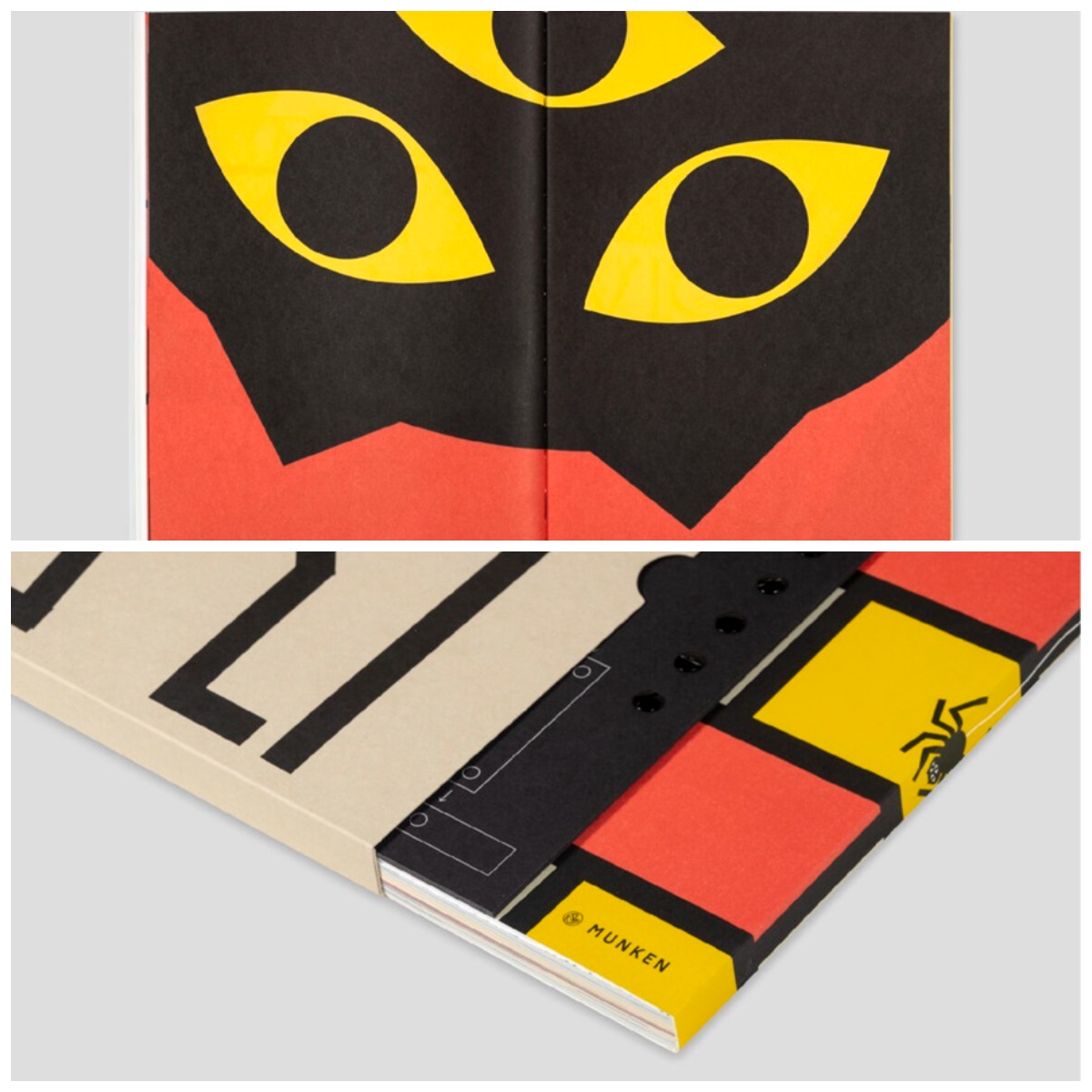 Kolaż zdjęć. Na górze: Otwarta książka. Na obu stronach widnieje ilustracja trójokiego, czarnego kota, który patrzy na czytelnika do góry nogami, na dole: zdjęcie okładki książki pod skosem