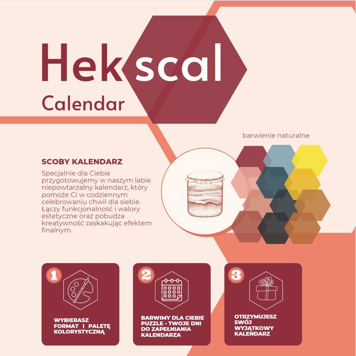 Infografika przedstawiająca koncepcję projektu Hekscal Calendar z ilustracjami: narzędzie w formie puzzli z ekologicznego materiału SCOBY