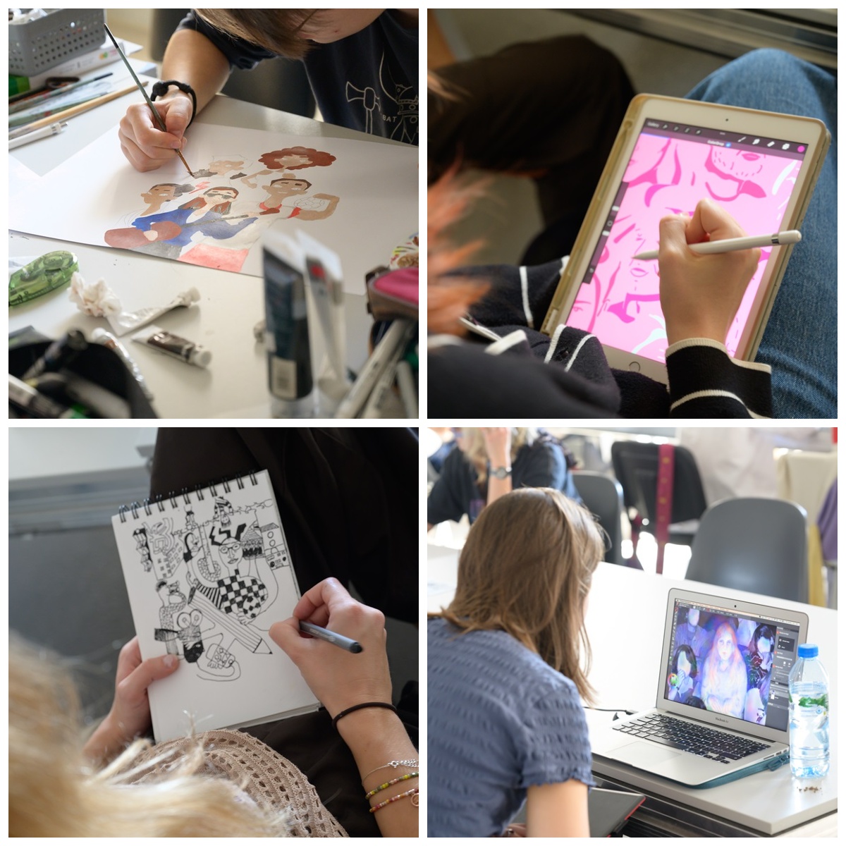 Photo collage. From top: A hand holding a paintbrush with which she paints silhouettes of several figures on a sheet of paper, a student designing graphics on a tablet, a student sketching a design in a notebook, a student designing graphics on a laptop.