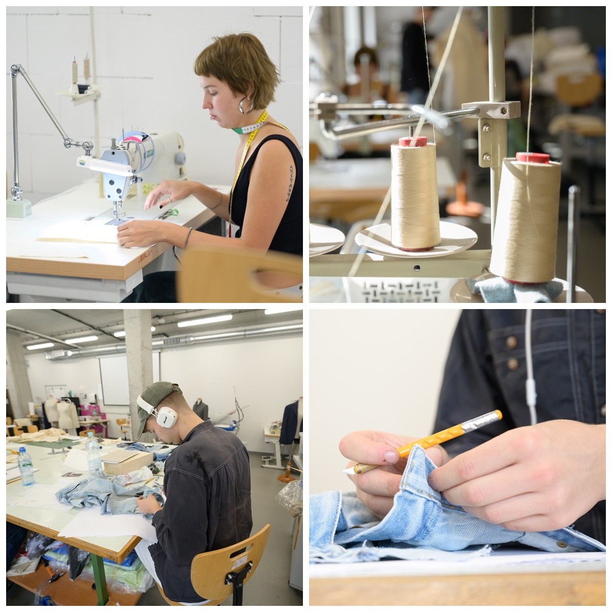 Photo collage. From top: student sewing on a machine with a tape measure wrapped around her neck, spools of thread applied to metal needles, student working on a piece of denim fabric, hands sewing on a piece of denim fabric