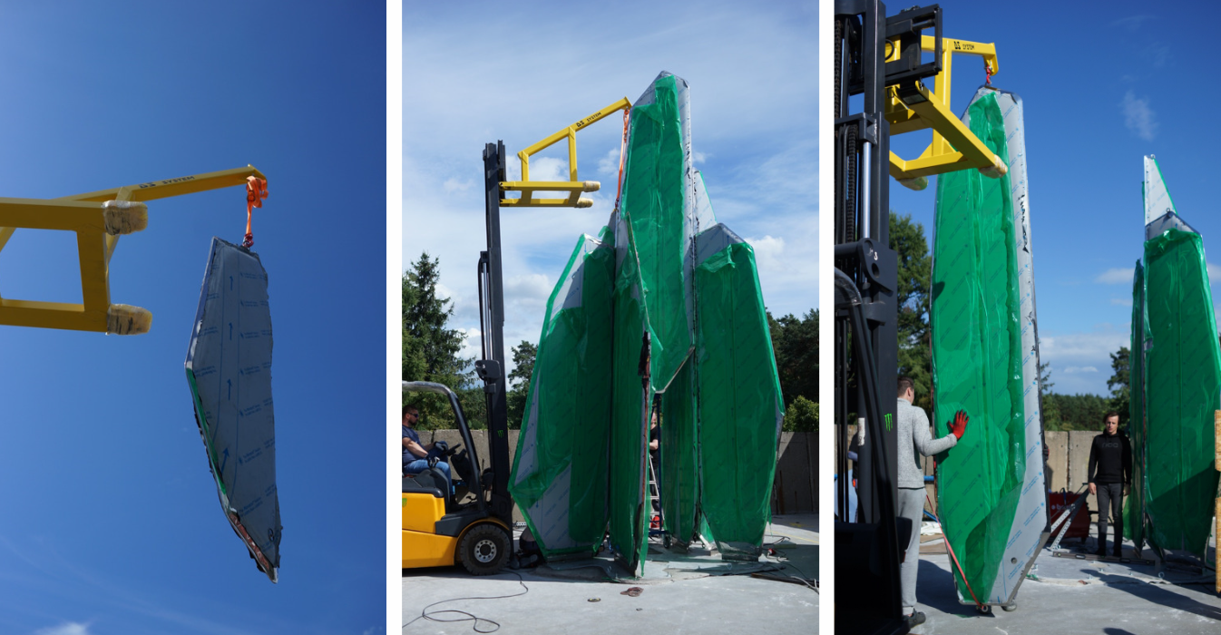 Photo collage showing the installation of the sculpture in the park 