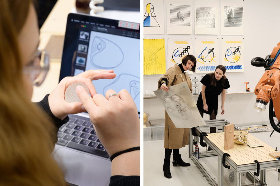 Photo collage: From left: Student designing her project on a laptop, right: Anna Orska discusses project with student