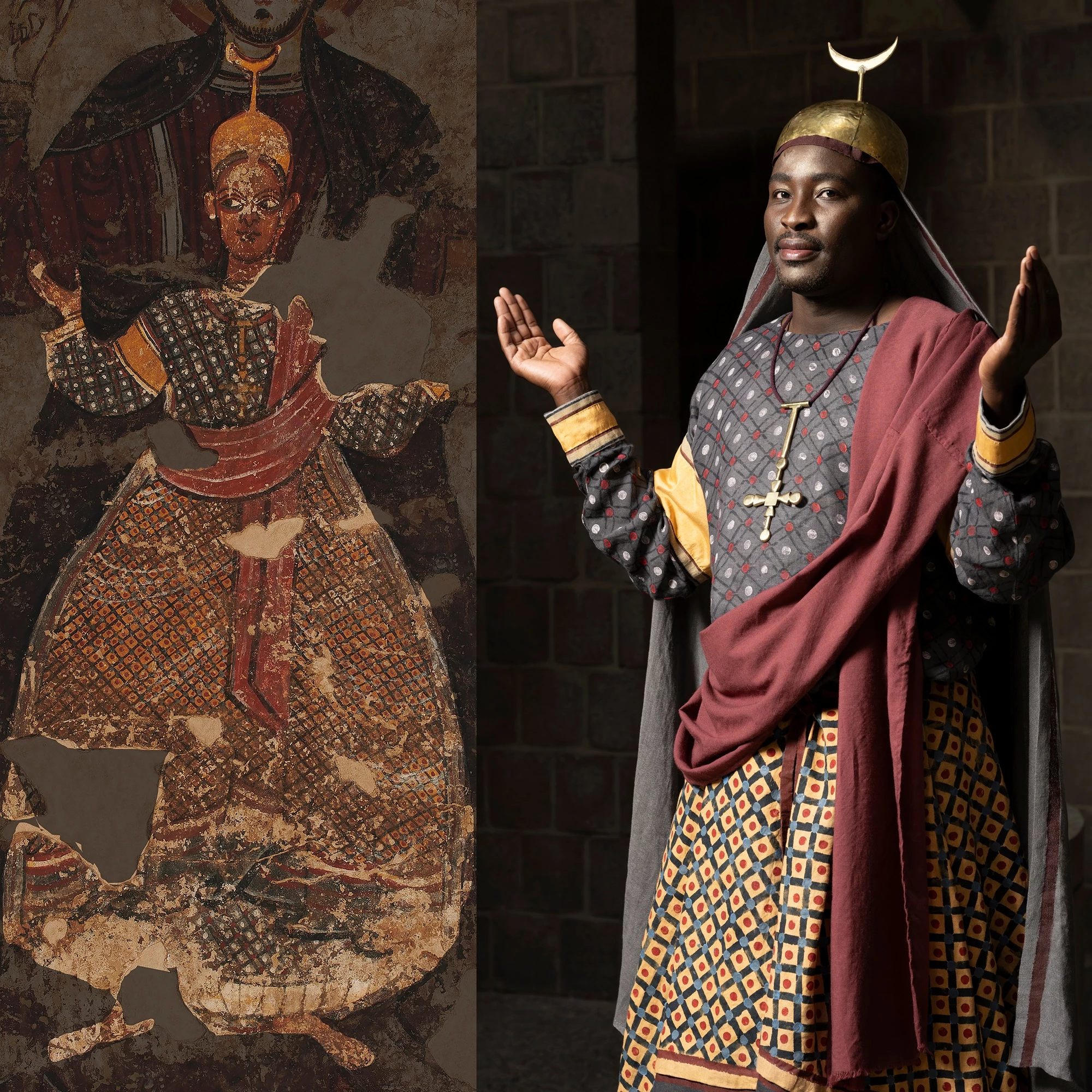 Picture featuring a model wearing a reconstructed outfit inspired by one of Faras’ designs, placed alongside the original Faras painting that inspired the final look.