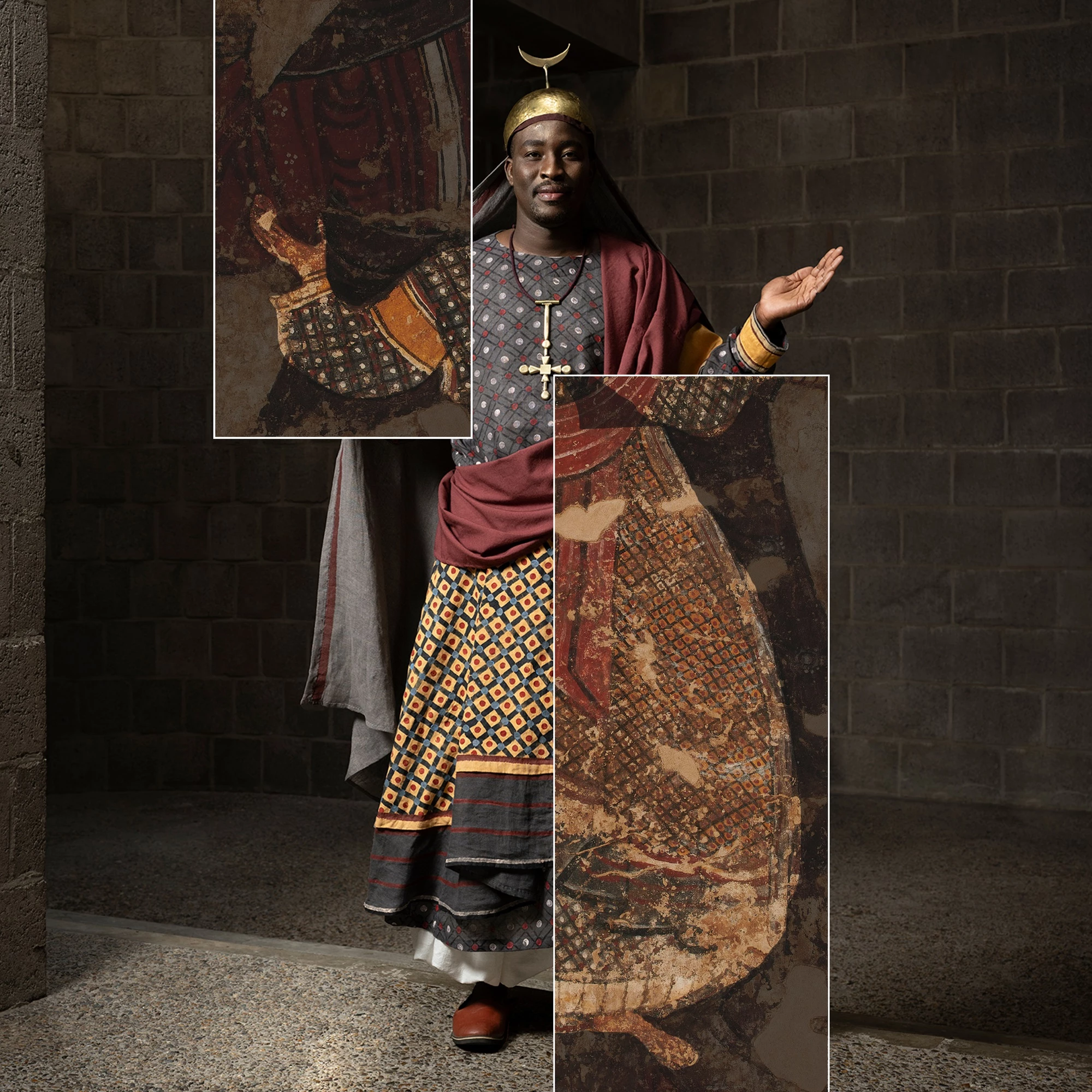 Picture featuring a model wearing a reconstructed outfit inspired by one of Faras’ designs, placed alongside the original Faras painting that inspired the final look.