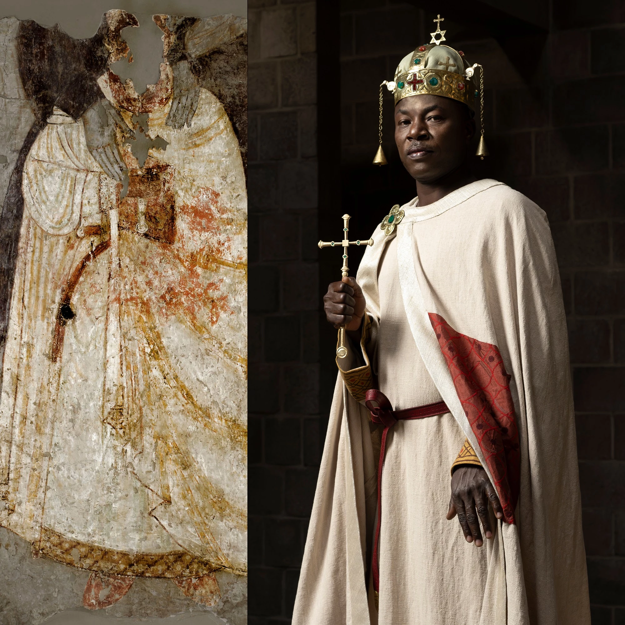 Picture featuring a model wearing a reconstructed outfit inspired by one of Faras’ designs, placed alongside the original Faras painting that inspired the final look.