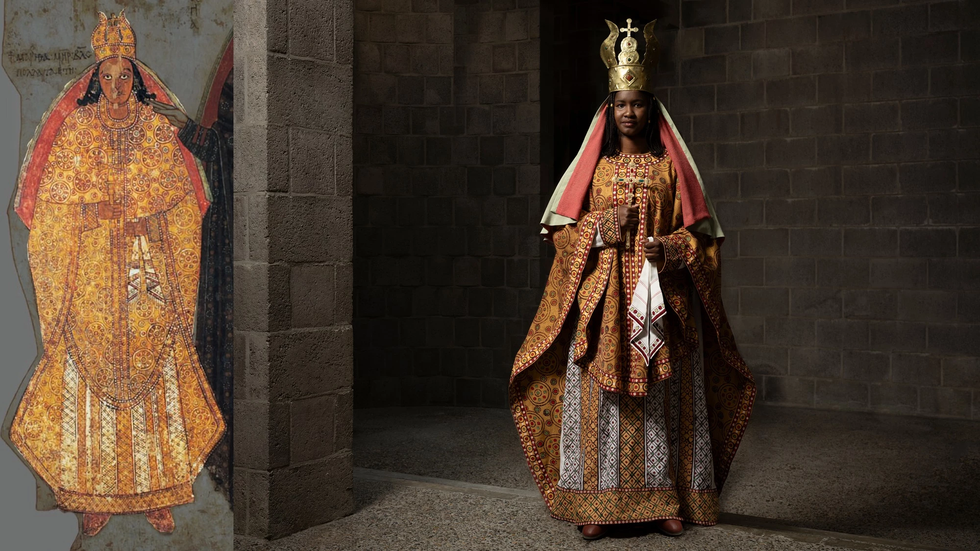 Picture featuring a model wearing a reconstructed outfit inspired by one of Faras’ designs, placed alongside the original Faras painting that inspired the final look.