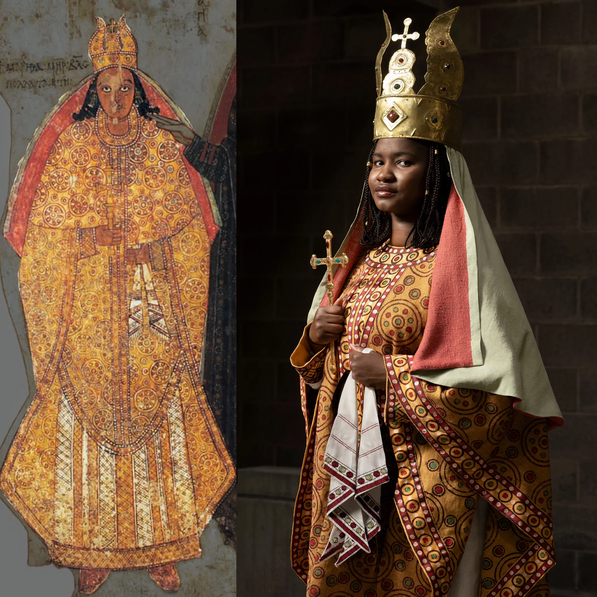 Picture featuring a model wearing a reconstructed outfit inspired by one of Faras’ designs, placed alongside the original Faras painting that inspired the final look.