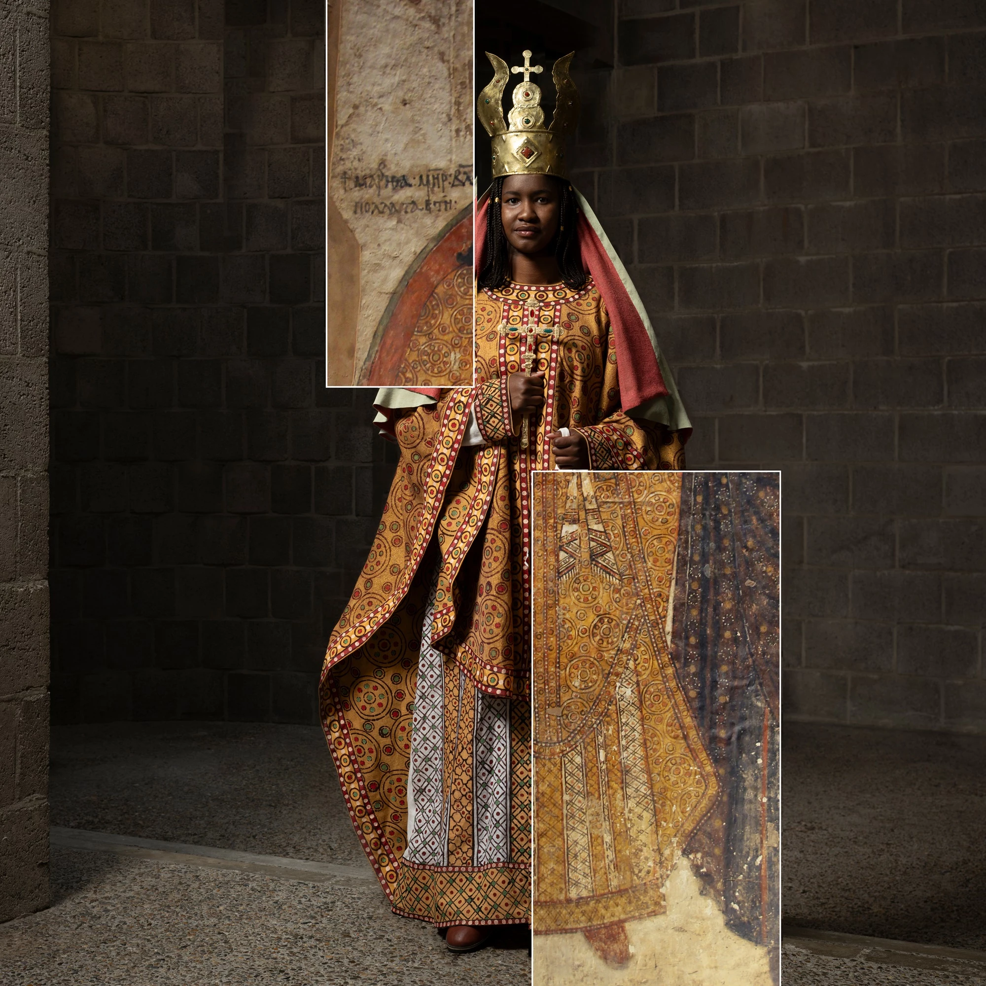 Picture featuring a model wearing a reconstructed outfit inspired by one of Faras’ designs, placed alongside the original Faras painting that inspired the final look.