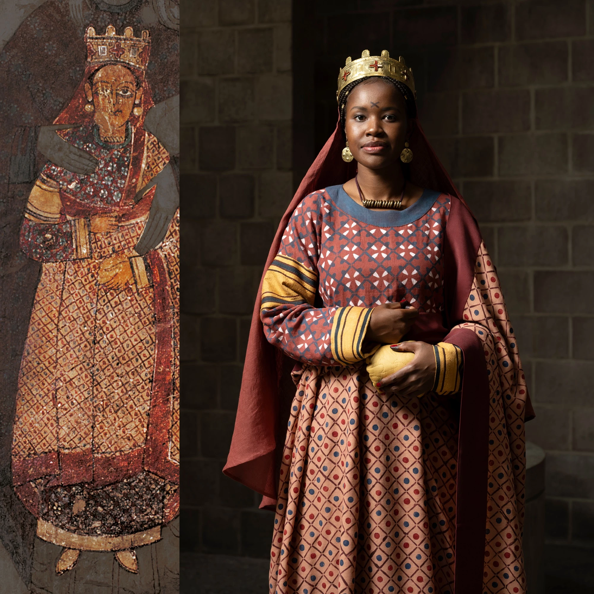 Picture featuring a model wearing a reconstructed outfit inspired by one of Faras’ designs, placed alongside the original Faras painting that inspired the final look.
