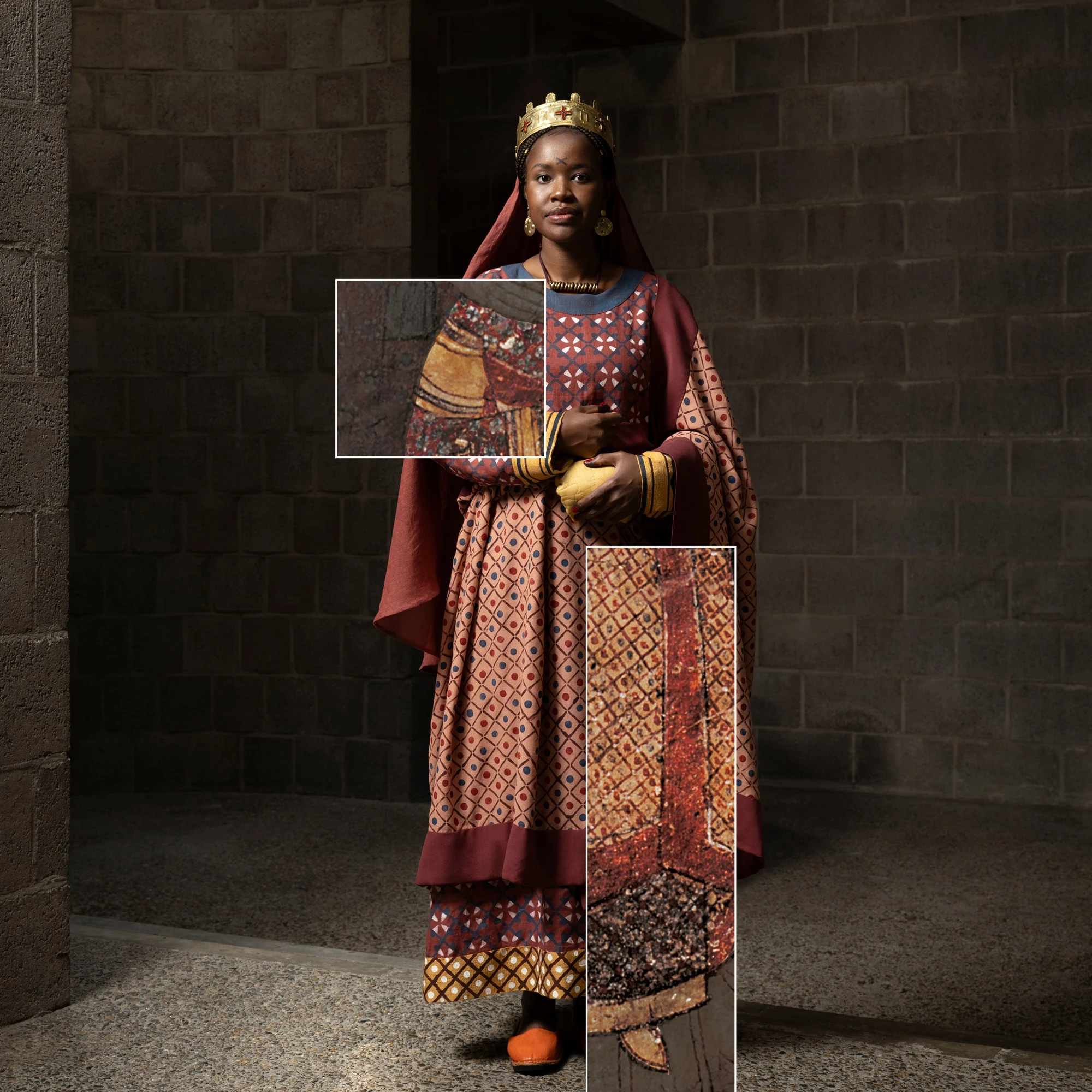 Picture featuring a model wearing a reconstructed outfit inspired by one of Faras’ designs, placed alongside the original Faras painting that inspired the final look.