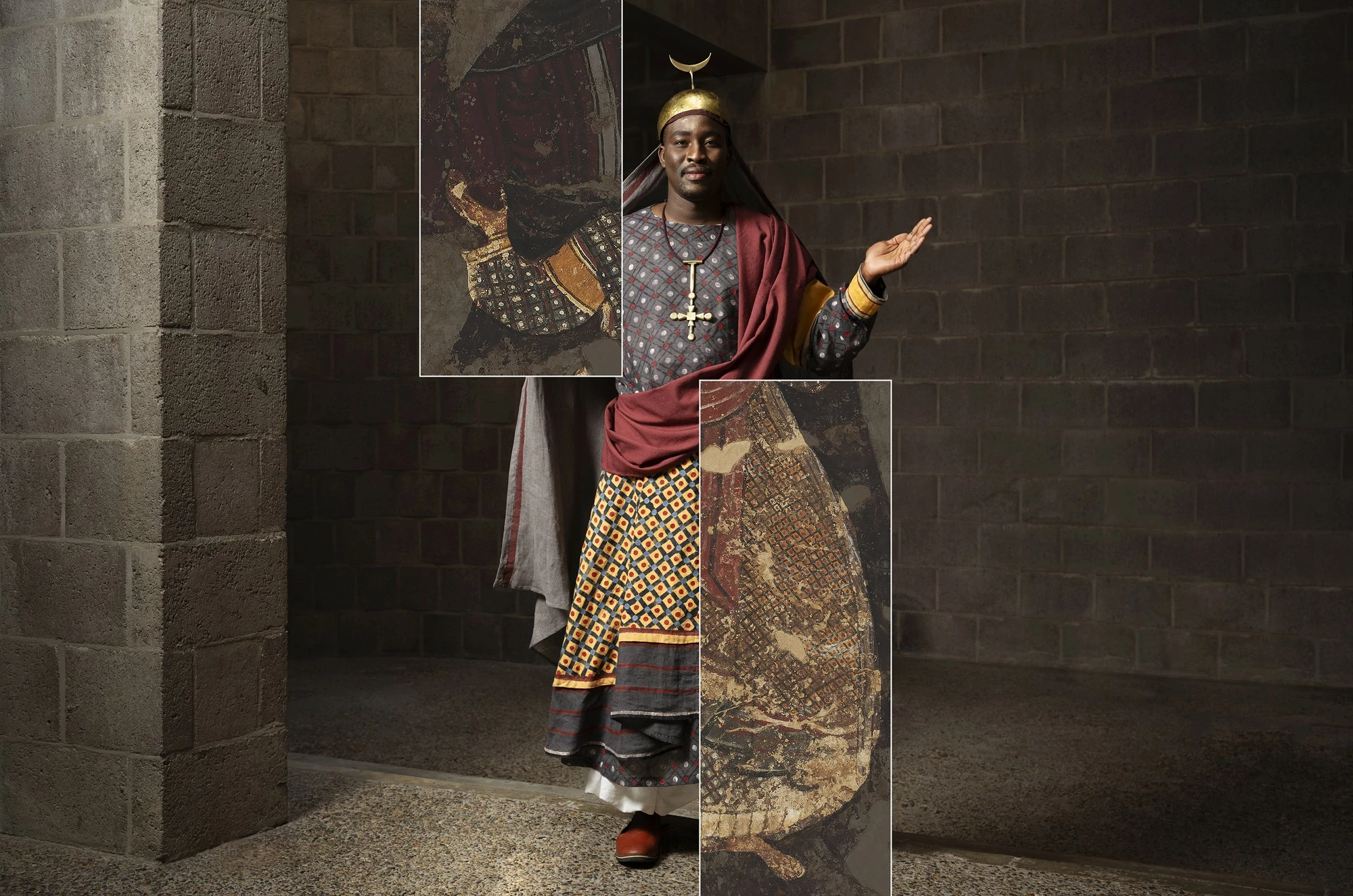 Graphic showing reconstructions of one of the costumes from Faras on a model.