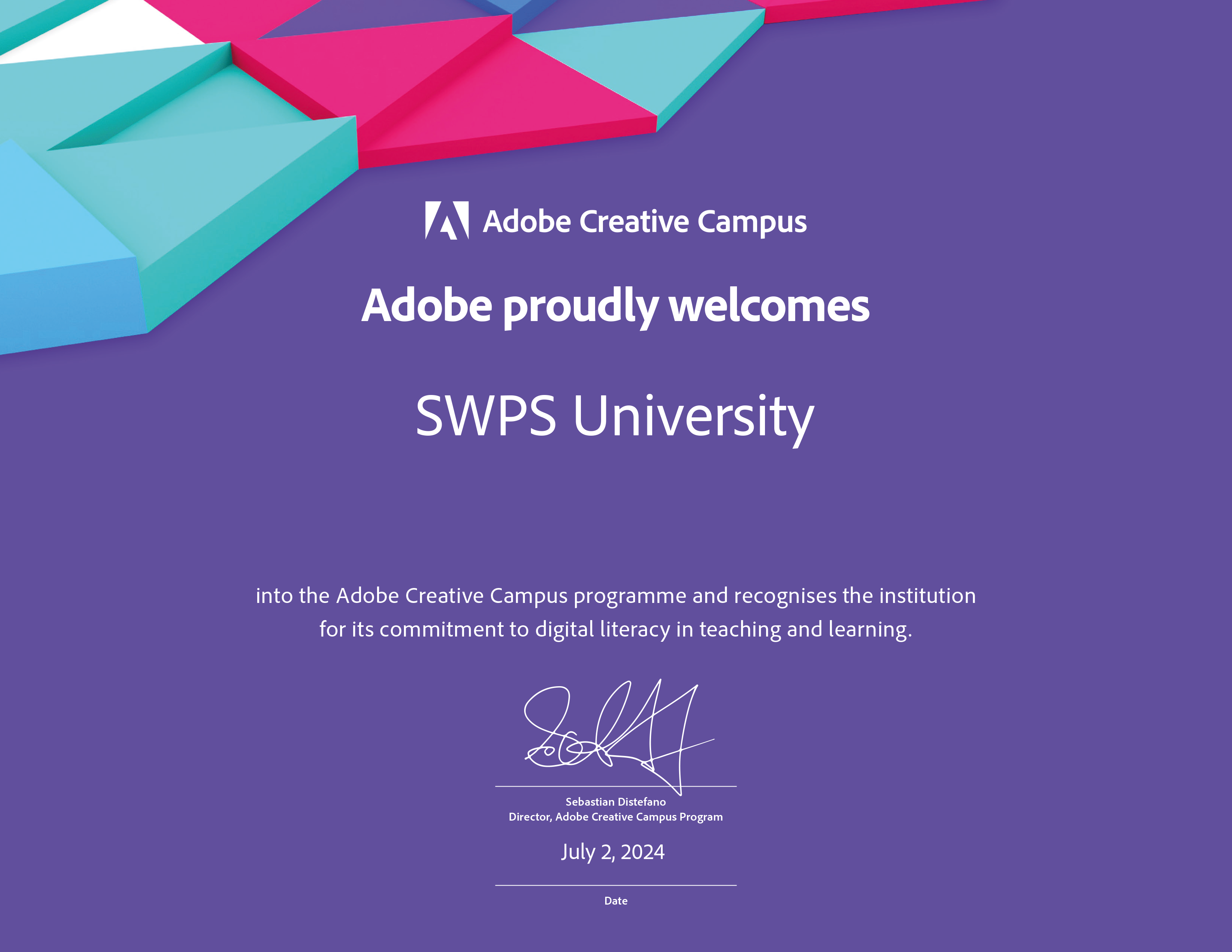 Certyfikat przystąpienia USWPS do Adobe Creative Campus w języku angielskim