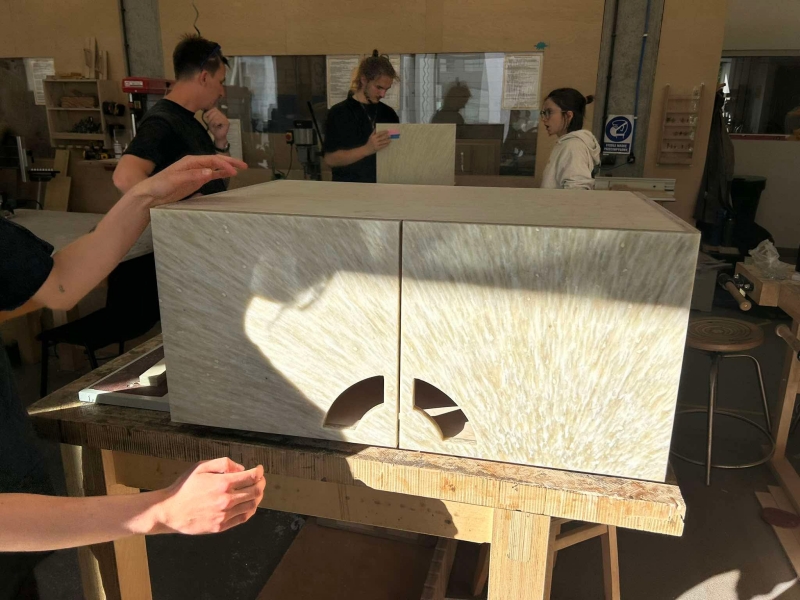 Completed section of furniture that will be installed in the food sharing corner at SWPS University.