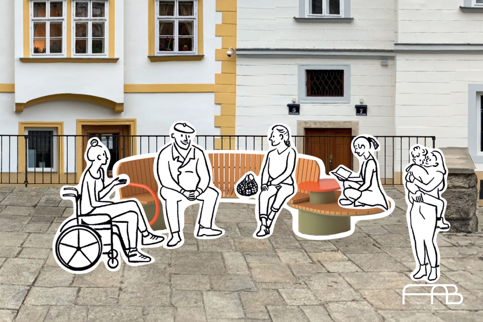 A photo of a “FALBA” bench with cartoon characters using it. You can see a person in a wheelchair, an elderly man, a middle-aged woman, a young girl reading a book at a table attached to the bench, and a young mother with a child in her arms.