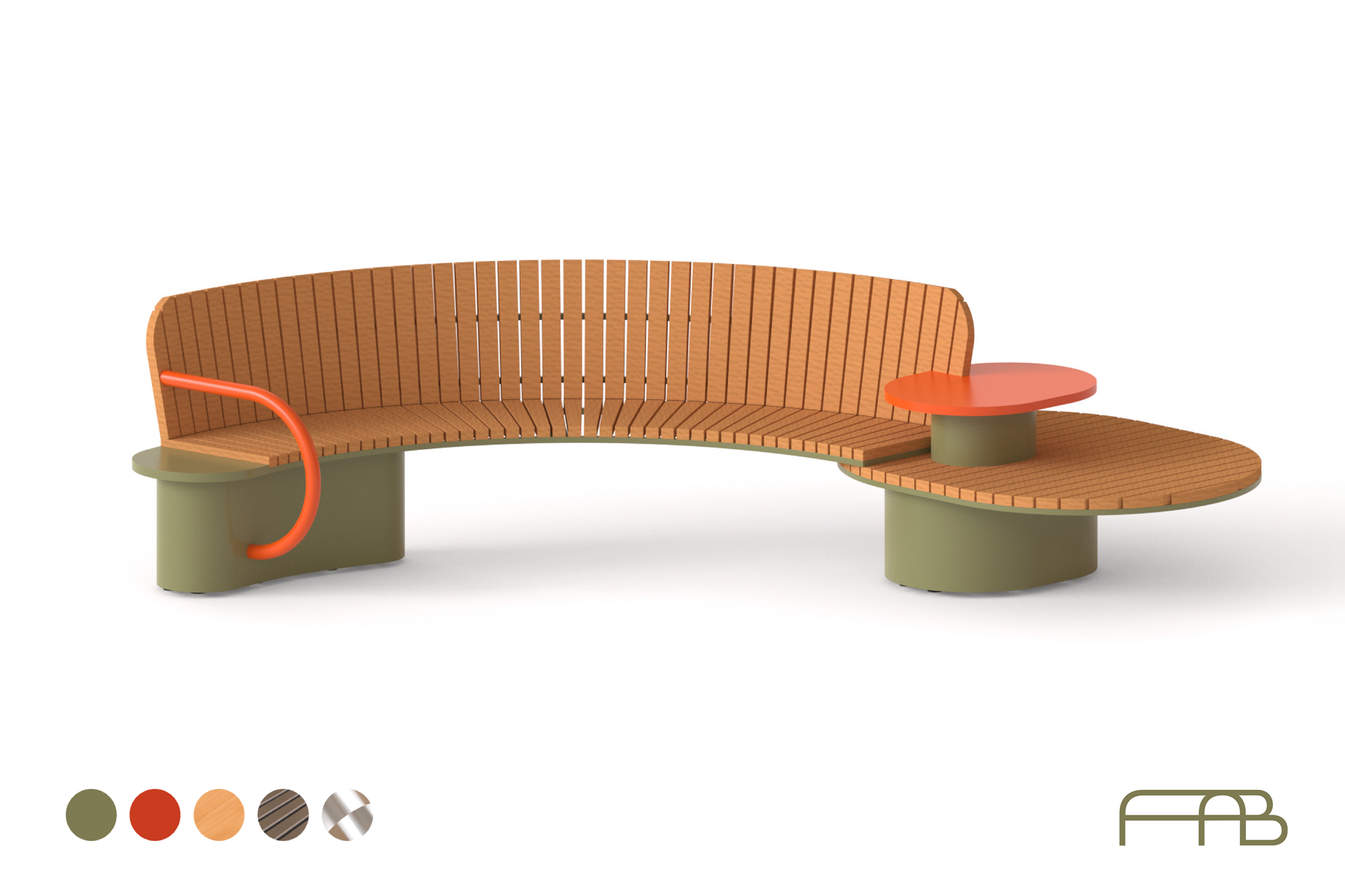 A visualization of the project showing an arch-shaped bench constructed of wooden panels, with an orange railing on one side and an attached table with seating on the other. 