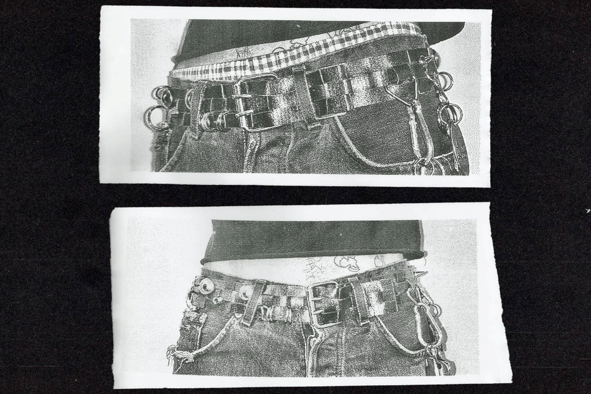 Close-up of a studded punk-style belt worn by a model