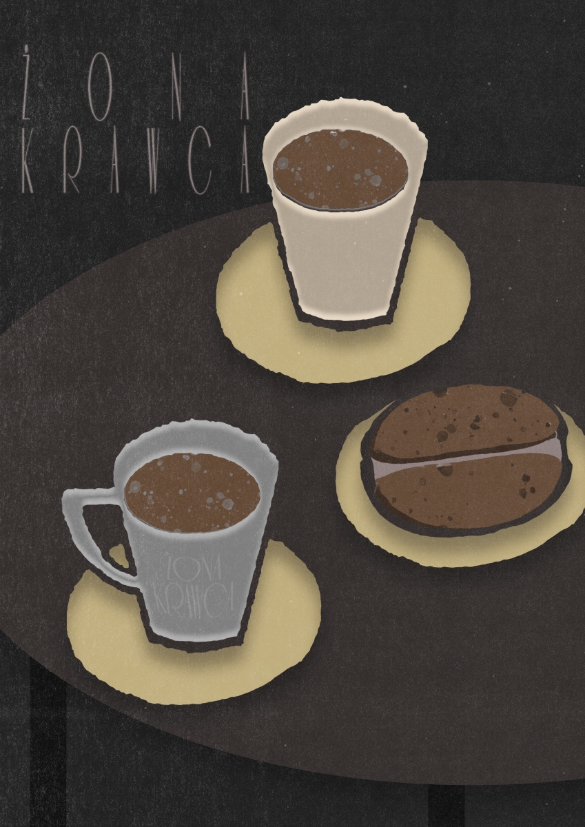 Ilustracja przedstawia okrągły stolik, na którym stoją dwa kubki z kawą oraz okrągłe ciastko w kształcie ziarna kawy na serwetkach. W tle widnieje napis 