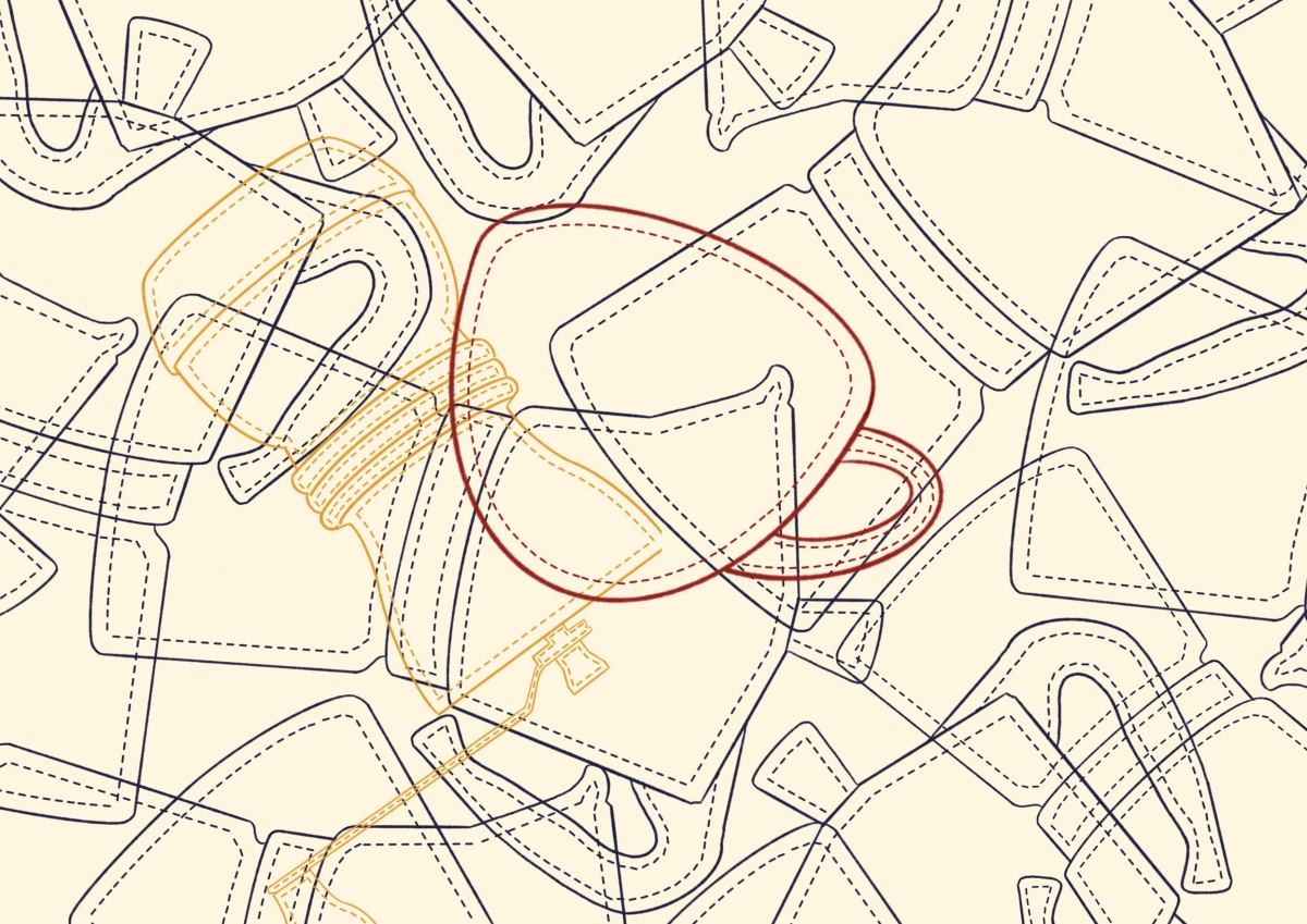 Illustration featuring a dense pattern of overlapping cup outlines, drawn with dashed lines that imitate sewing stitches.