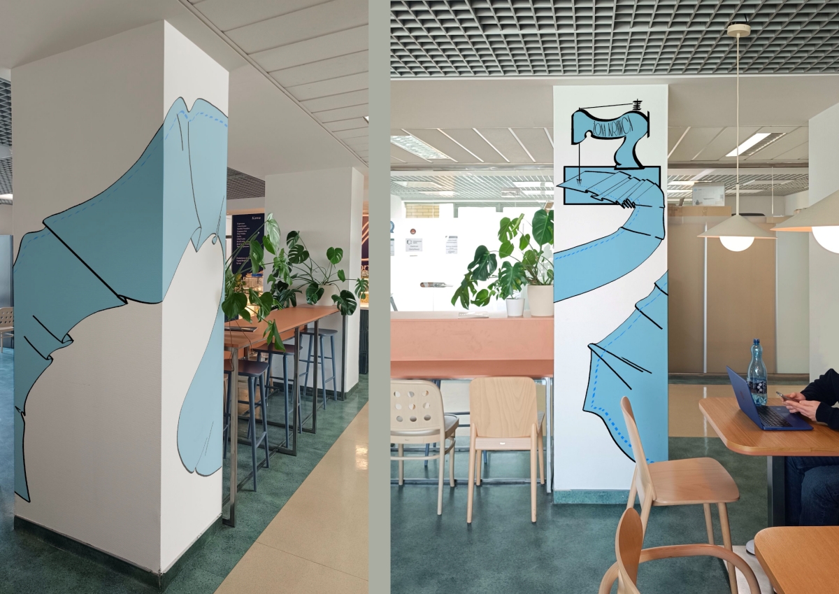 Collage of two photos showing a mural visualization on a café pillar. The pattern features a winding strip of fabric with a visible seam emerging from a sewing machine bearing the 