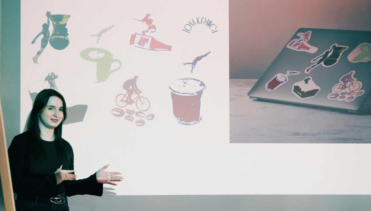 A School of Form student stands next to the screen during the presentation. The slide on display features a design for sports- and coffee-themed stickers.